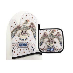 New White Oven Mitt & Potholder Set Elvis Presley Kitchen Jumpsuit Eagle Concert